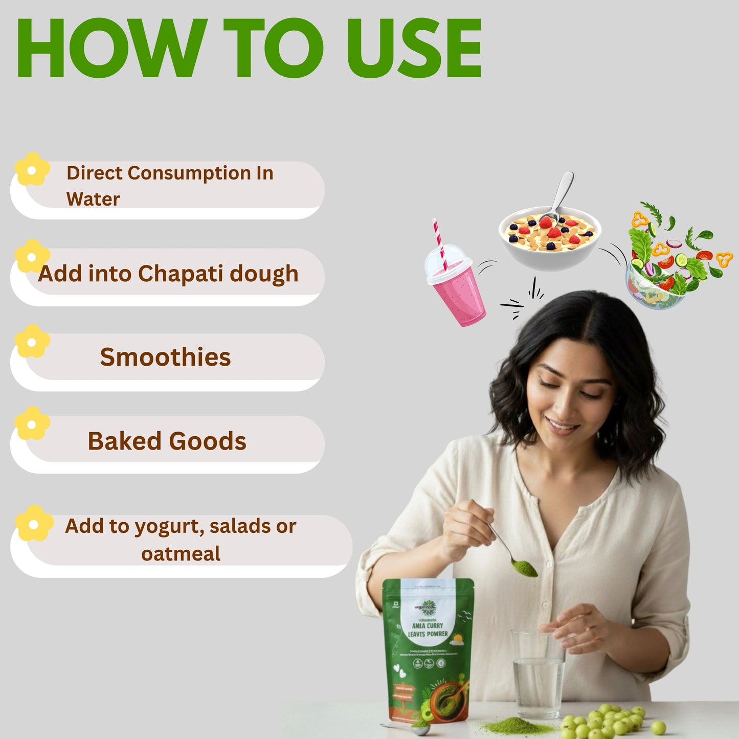 Woman mixing amla curry leaves powder in water, with usage tips for smoothies, salads, and baking.