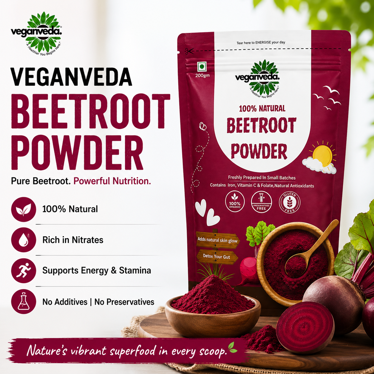 Veganveda Beetroot Powder | 200g | Help With Skin Glow & Increase Collagen Production