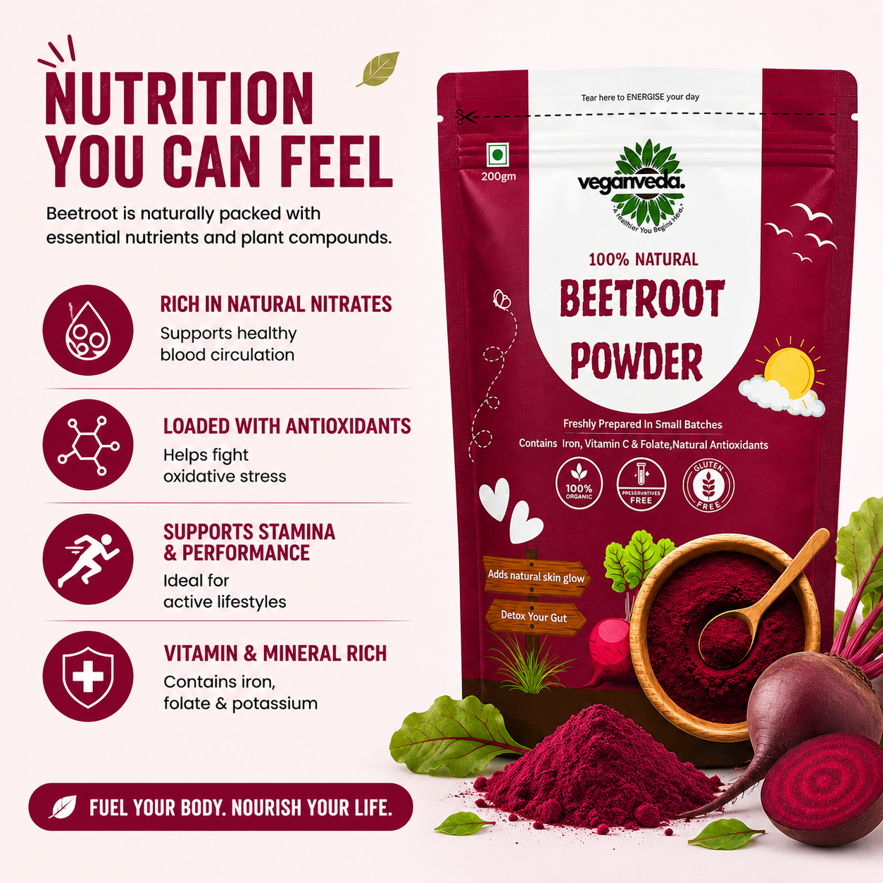 Veganveda Beetroot Powder | 200g | Help With Skin Glow & Increase Collagen Production