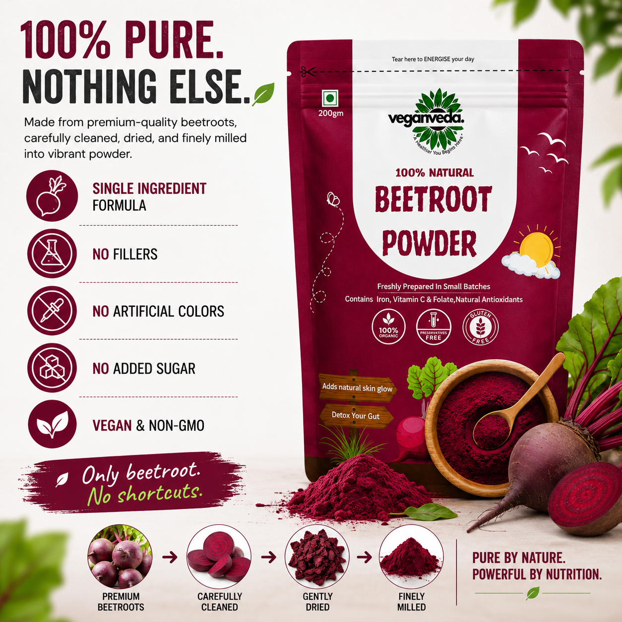 Veganveda Beetroot Powder | 200g | Help With Skin Glow & Increase Collagen Production