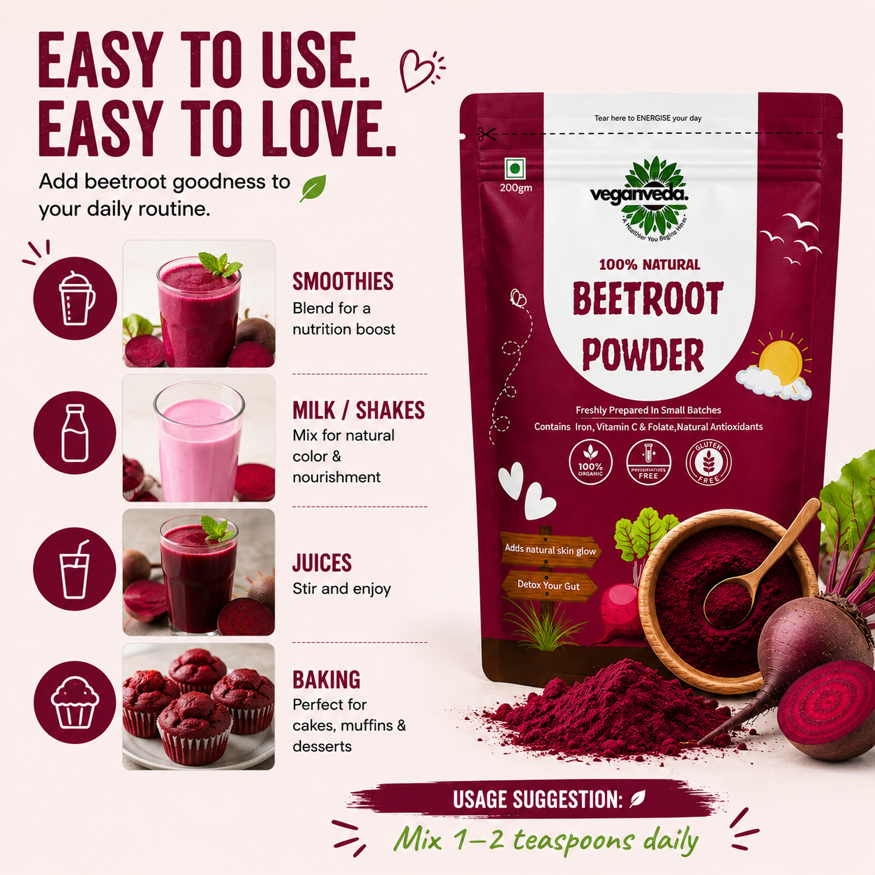 Veganveda Beetroot Powder | 200g | Help With Skin Glow & Increase Collagen Production