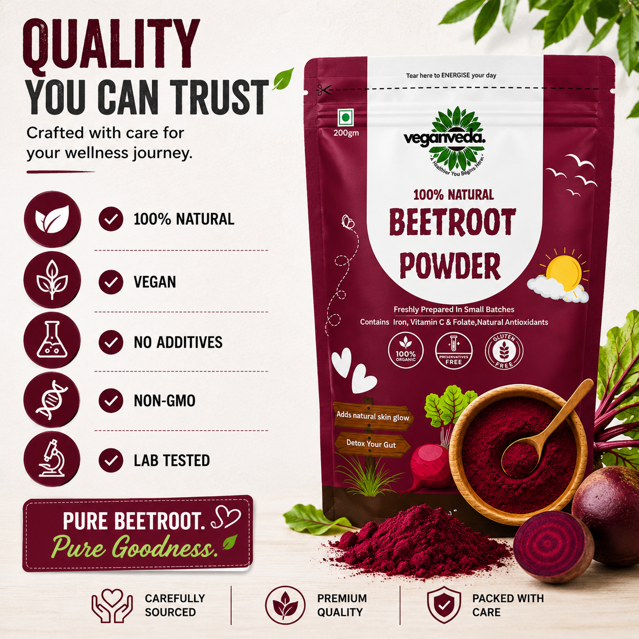 Veganveda Beetroot Powder | 200g | Help With Skin Glow & Increase Collagen Production