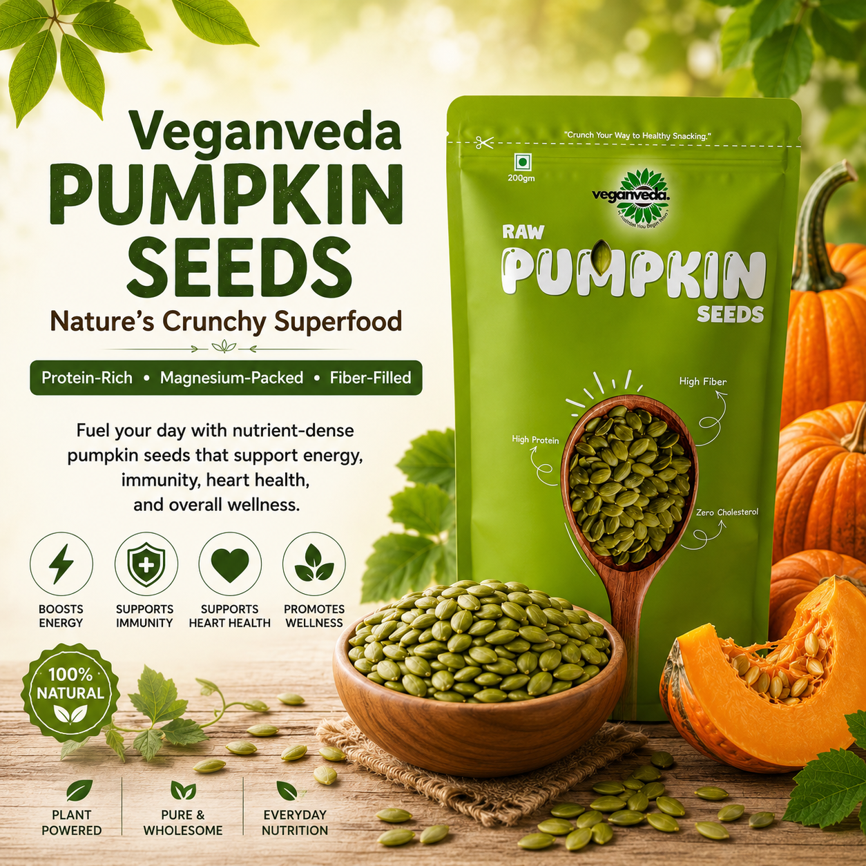 Veganveda Pumpkin Seeds Natural 200g | Premium Raw Seeds | Rich in Protein & Magnesium