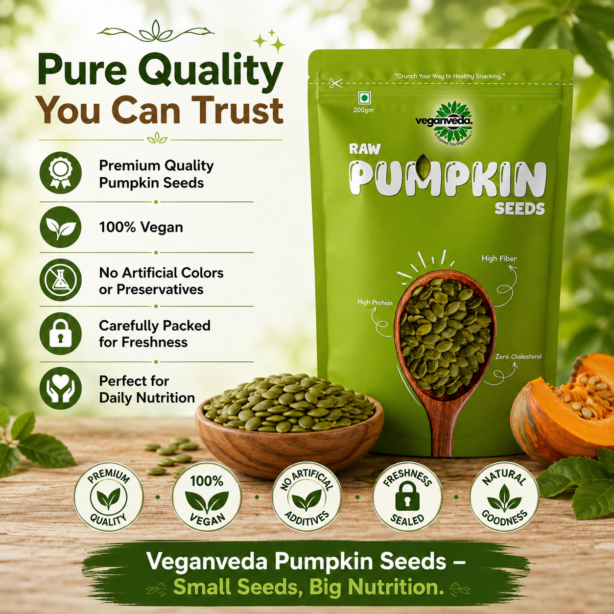 Veganveda Pumpkin Seeds Natural 200g | Premium Raw Seeds | Rich in Protein & Magnesium
