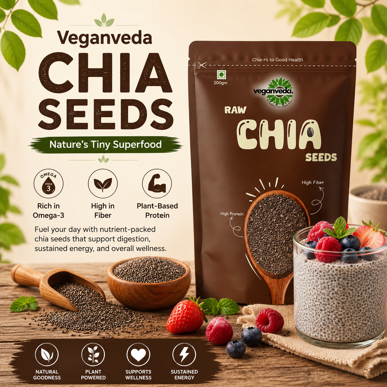 Veganveda Chia Seeds Natural 200g | Premium Raw Seeds | Rich in Fiber & Omega-3