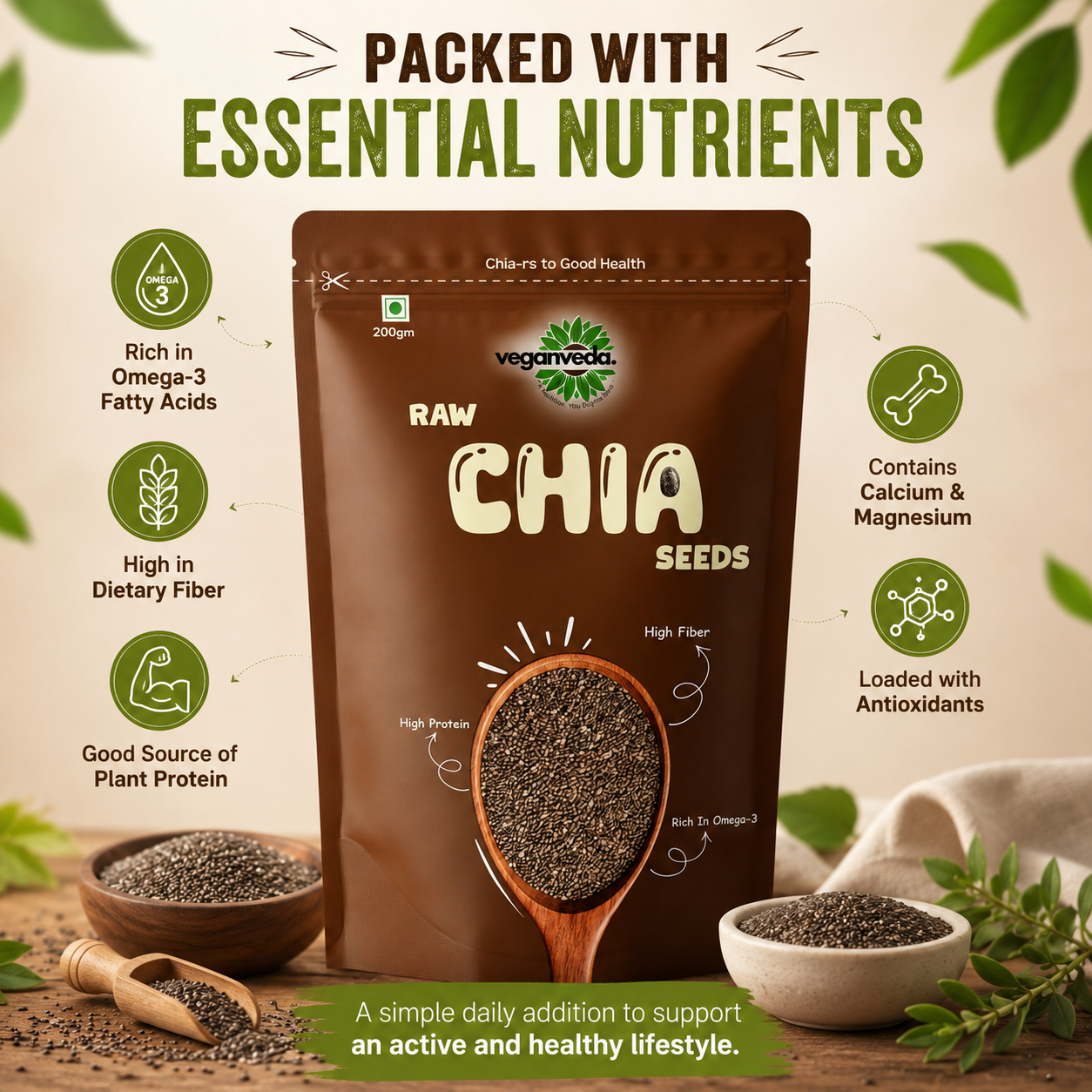 Veganveda Chia Seeds Natural 200g | Premium Raw Seeds | Rich in Fiber & Omega-3