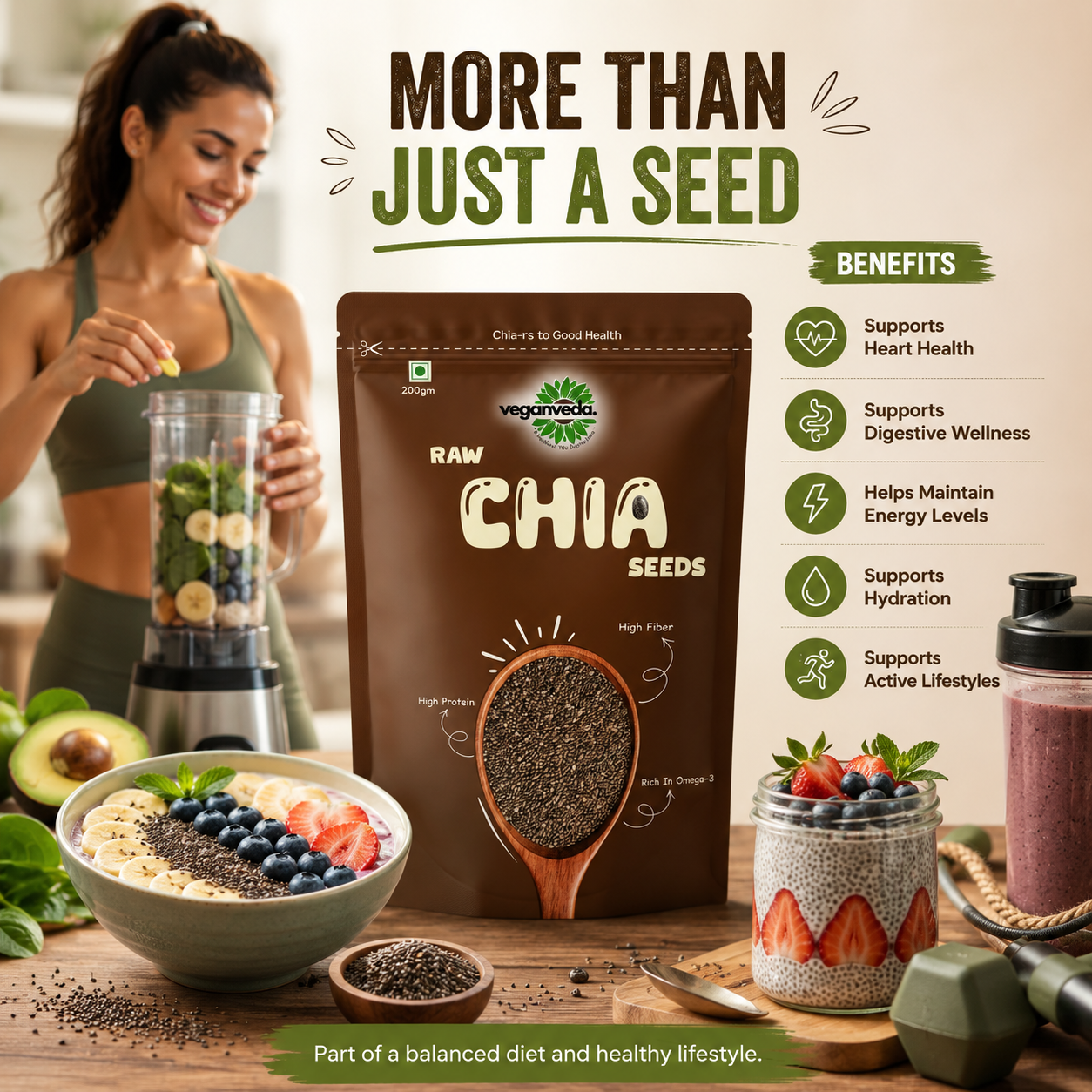 Veganveda Chia Seeds Natural 200g | Premium Raw Seeds | Rich in Fiber & Omega-3