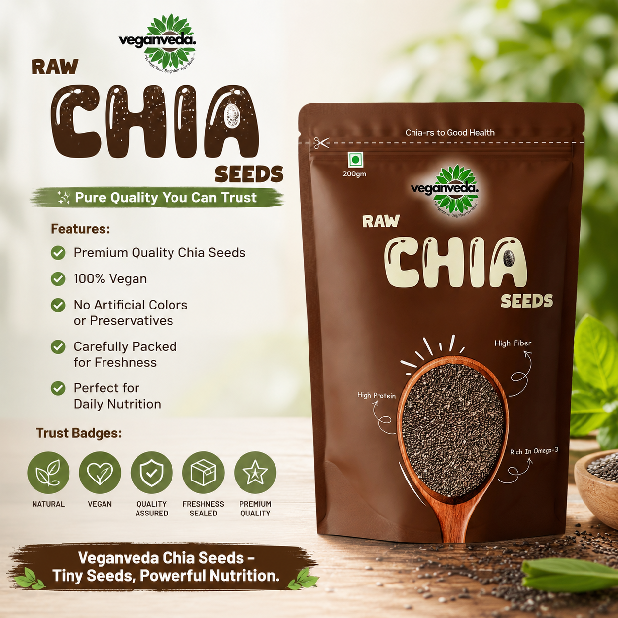 Veganveda Chia Seeds Natural 200g | Premium Raw Seeds | Rich in Fiber & Omega-3