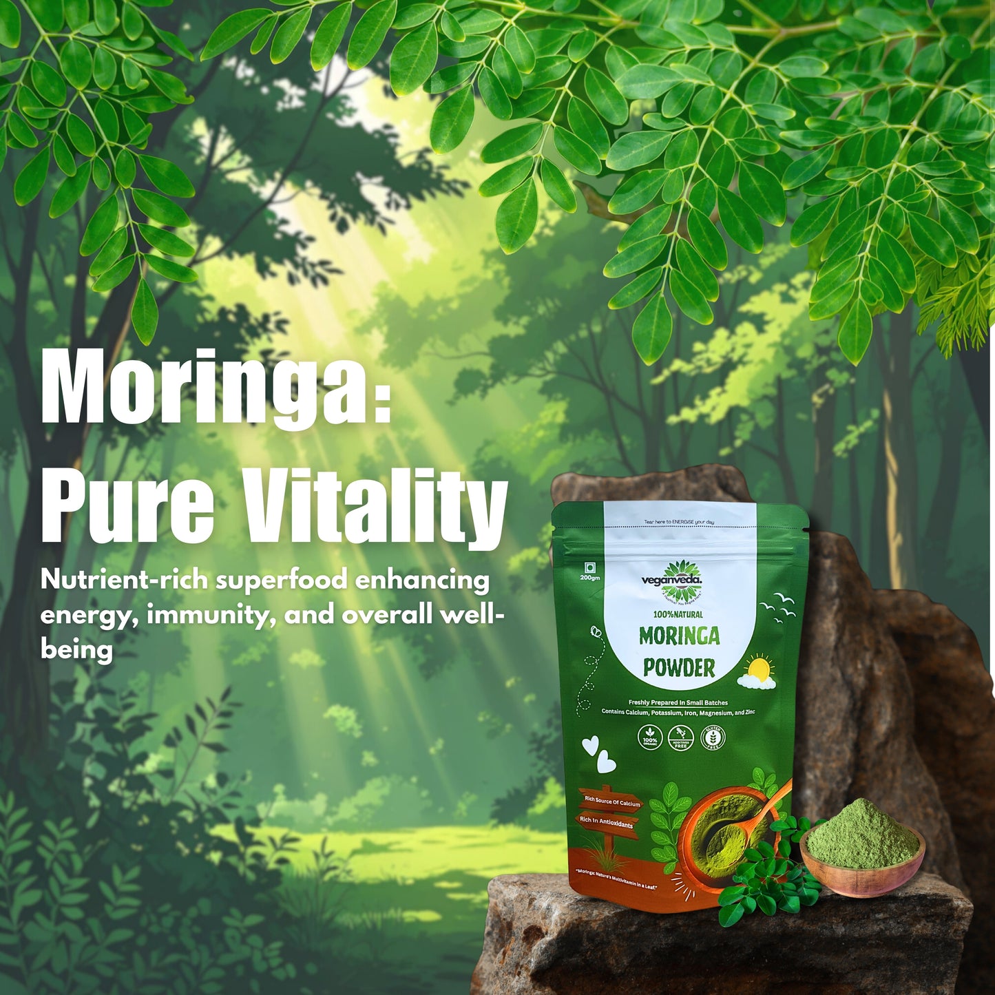 VeganVeda Natural Moringa Powder | Organic Energy Supplement | Plant Protein Powder | Moringa Leaves Powder for Drinking, Smoothies & Detox | 200g | Rich in Antioxidants & Calcium