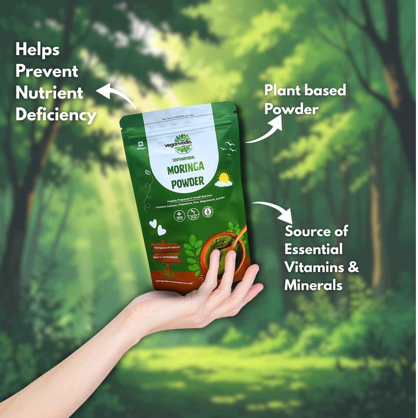 VeganVeda Natural Moringa Powder | Organic Energy Supplement | Plant Protein Powder | Moringa Leaves Powder for Drinking, Smoothies & Detox | 200g | Rich in Antioxidants & Calcium