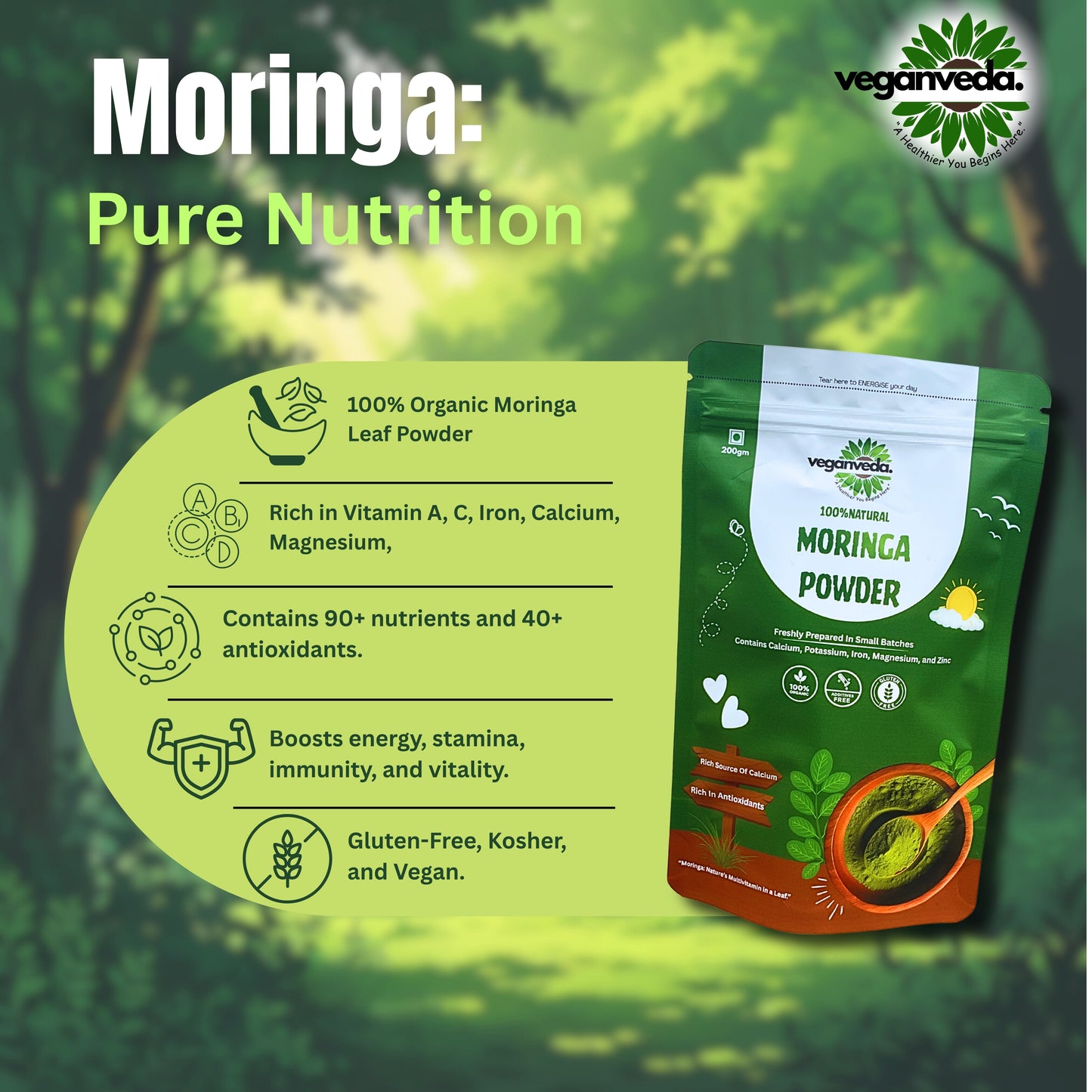 VeganVeda Natural Moringa Powder | Organic Energy Supplement | Plant Protein Powder | Moringa Leaves Powder for Drinking, Smoothies & Detox | 200g | Rich in Antioxidants & Calcium