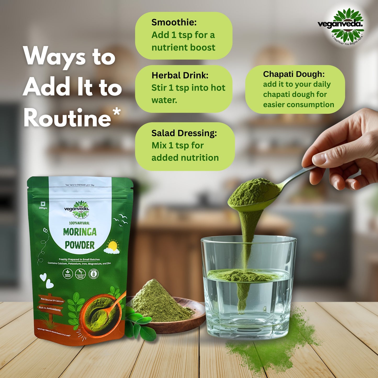 VeganVeda Natural Moringa Powder | Organic Energy Supplement | Plant Protein Powder | Moringa Leaves Powder for Drinking, Smoothies & Detox | 200g | Rich in Antioxidants & Calcium