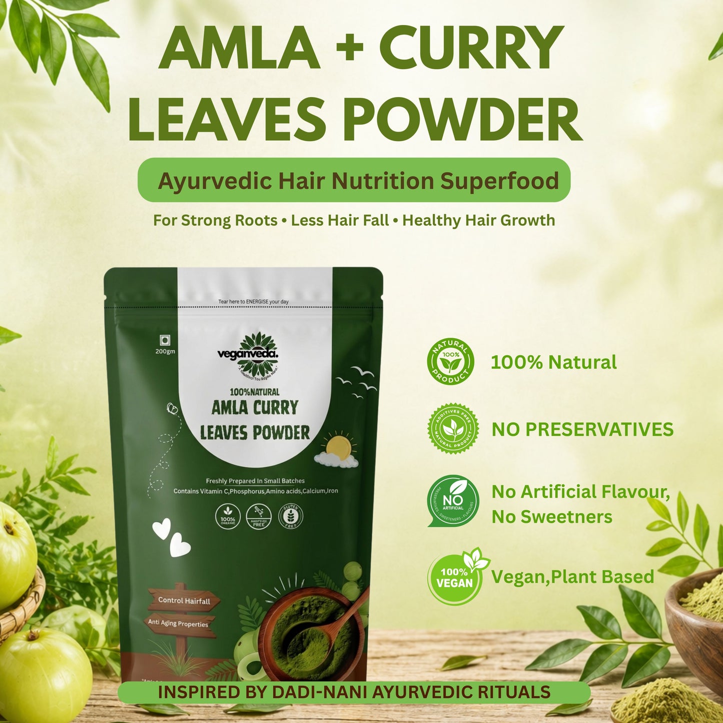 Amla curry leaves powder For Hairfall & Hairgrowth | 200g | Improves Hair Quality | Boosts Energy & Gut Health