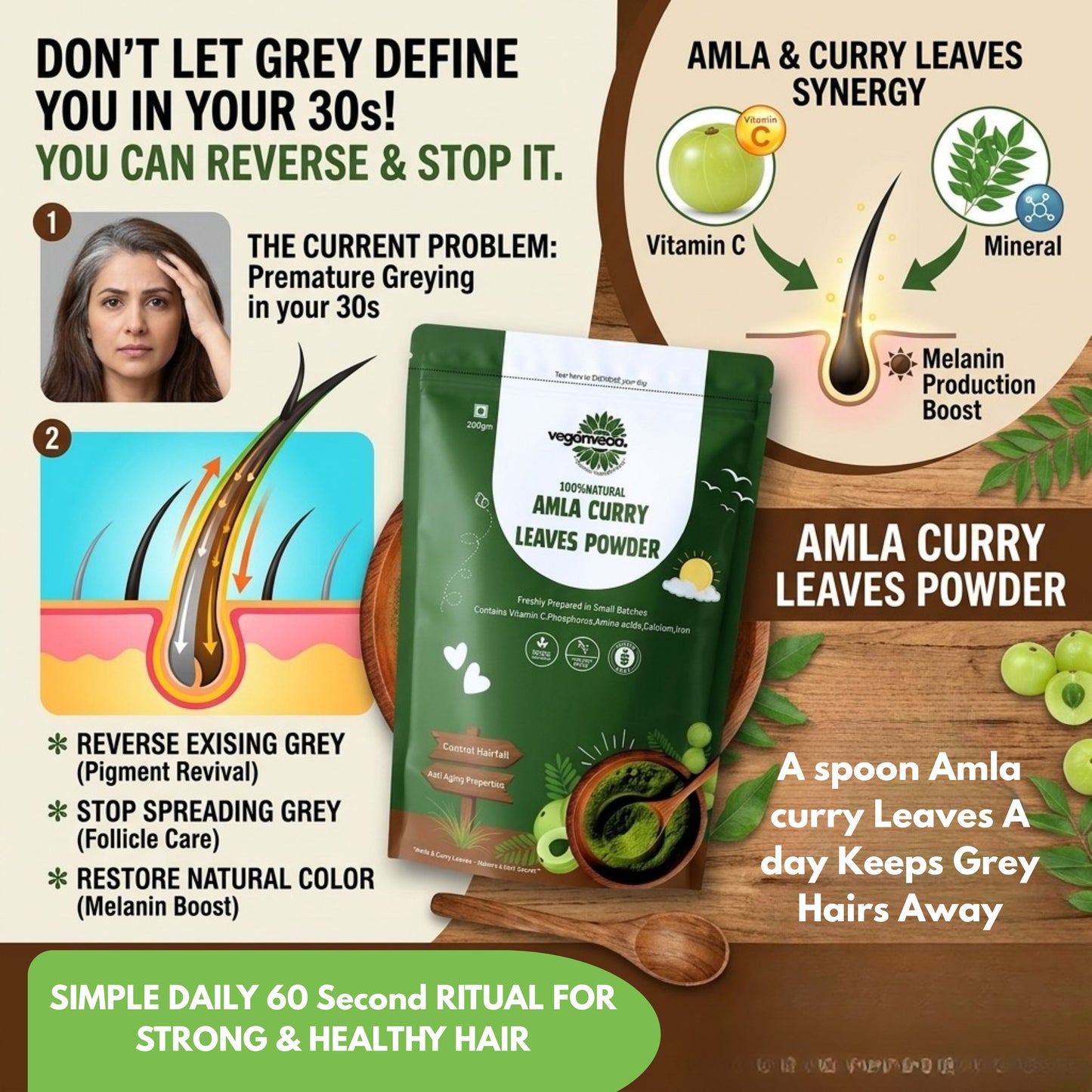 Amla curry leaves powder For Hairfall & Hairgrowth | 200g | Improves Hair Quality | Boosts Energy & Gut Health