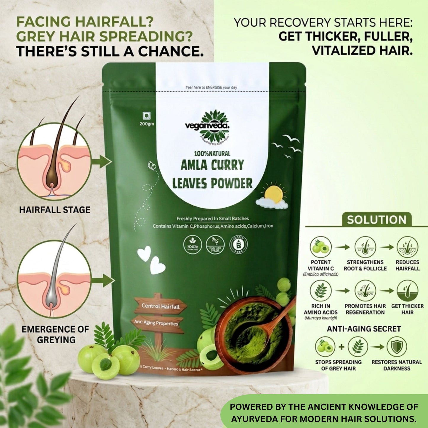Amla curry leaves powder For Hairfall & Hairgrowth | 200g | Improves Hair Quality | Boosts Energy & Gut Health